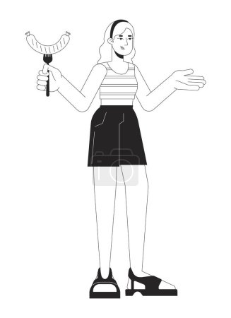 Ilustración de Mujer blanca con salchicha a la parrilla personaje de dibujos animados de línea 2D en blanco y negro. Comida Bbq. Mujer caucásica en la barbacoa aislado contorno vectorial persona. Parte al aire libre monocromático plano punto ilustración - Imagen libre de derechos