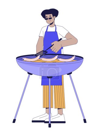 Téléchargez les illustrations : Homme latino-américain cuisson barbecue personnage de dessin animé linéaire 2D. Guy griller des saucisses sur brasero ligne isolée vecteur personne fond blanc. Cookout partie couleur plat spot illustration - en licence libre de droit