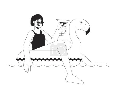 Illustration for Happy woman on inflatable flamingo black and white 2D line cartoon character. Asian female enjoying pool party isolated vector outline person. Poolside chillout monochromatic flat spot illustration - Royalty Free Image