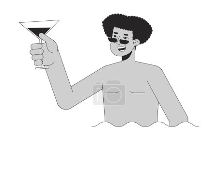Téléchargez les illustrations : Homme tenant cocktail dans la piscine noir et blanc personnage de dessin animé ligne 2D. Homme hispanique avec verre dans l'eau isolée vecteur contour personne. Illustration de tache plate monochromatique amusante de partie de piscine - en licence libre de droit