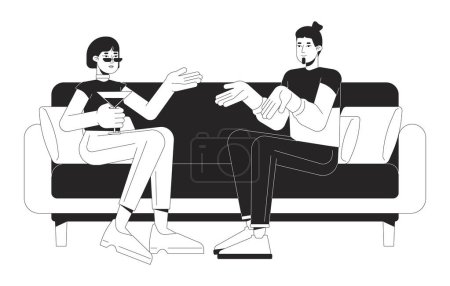 Illustration for Young couple talking on sofa black and white 2D line cartoon characters. Man and woman chilling at party isolated vector outline people. Comfortable communication monochromatic flat spot illustration - Royalty Free Image