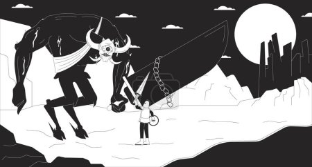 Boss fighting in adventure game black and white line illustration. Knight challenging demon king 2D characters monochrome background. Horror videogame walkthrough outline scene vector image