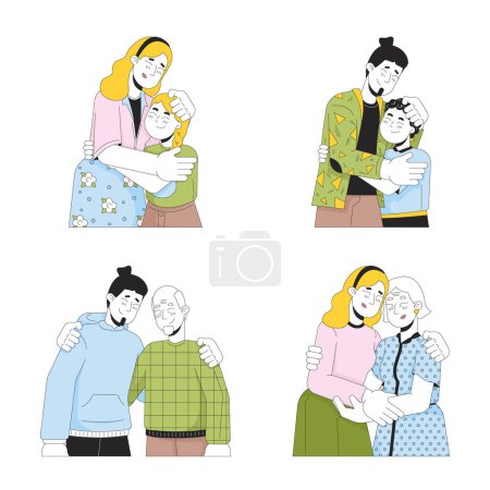 Illustration for Hug family 2D linear cartoon characters set. Hugging relatives caucasian european isolated line vector people white background. Embracing mother father color flat spot illustrations collection - Royalty Free Image