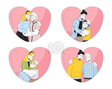 Illustration for Heart-shaped caucasian family hugs 2D linear cartoon characters set. Heartshaped embrace parents kids isolated line vector people white background. Supportive color flat spot illustrations collection - Royalty Free Image