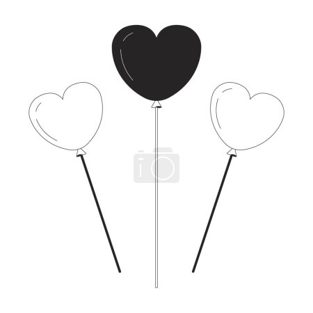 Illustration for Heart shaped balloons on sticks black and white 2D line cartoon object. Birthday party decoration isolated vector outline item. Hearts valentines. Romance decor monochromatic flat spot illustration - Royalty Free Image