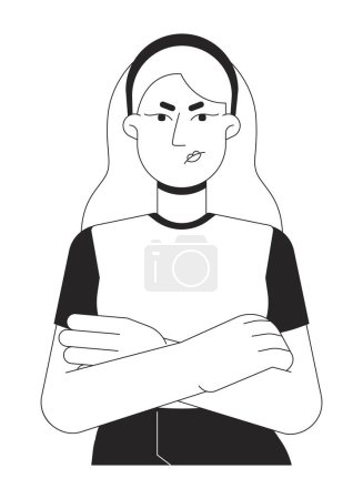 Frowning upset blonde woman arms folded black and white 2D line cartoon character. Displeased female isolated vector outline person. Gesture body language monochromatic flat spot illustration
