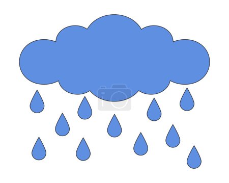 Illustration for Rainy cloud raindrops dripping 2D linear cartoon object. Shower rainfall dropping isolated line vector element white background. Cloudscape water drops falling color flat spot illustration - Royalty Free Image