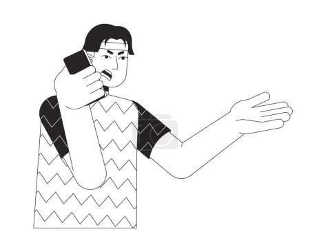 Asian man shouting into phone black and white 2D line cartoon character. Quarrel over smartphone isolated vector outline person. Emotional gesture body language monochromatic flat spot illustration