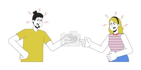 Häusliche Streitigkeiten kaukasisches Paar 2D lineare Zeichentrickfiguren. Europäische Erwachsene isolierten Linienvektor Menschen weißen Hintergrund. Gestische Körpersprache, emotionale Farb-Flachbild-Illustration
