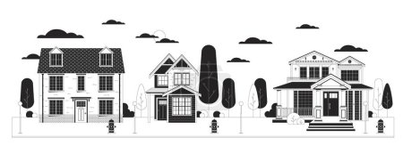 Residential suburbs black and white cartoon flat illustration. Accommodations street. Housing development. Buildings row 2D lineart object isolated. Real estate monochrome scene vector outline image
