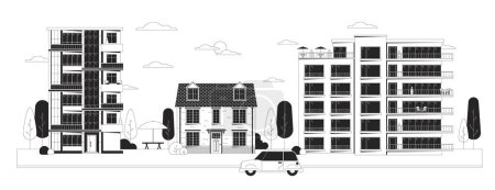 Downtown condominiums black and white cartoon flat illustration. Condos house. Car riding street. Front building exterior 2D lineart object isolated. Real estate monochrome scene vector outline image