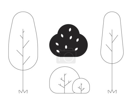 Illustration for Yard decoration black and white 2D line cartoon objects set. Park trees, shrubs bushes isolated vector outline items collection. Countryside plants. Environment monochromatic flat spot illustrations - Royalty Free Image