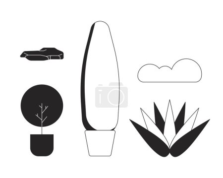 Outdoor decor black and white 2D line cartoon objects set. Decorative stones. Potted shrubs isolated vector outline items collection. Lawn plants. Bushes in pots monochromatic flat spot illustrations
