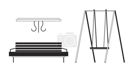 Park decorations black and white 2D line cartoon objects set. Outdoor furniture isolated vector outline items collection. Playground swings, wooden bench monochromatic flat spot illustrations