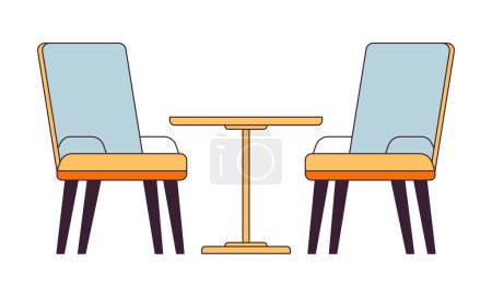 Illustration for Two chairs around table 2D linear cartoon object. Cafeteria armchairs isolated line vector element white background. Patio cafe interior furniture lounge sitting color flat spot illustration - Royalty Free Image