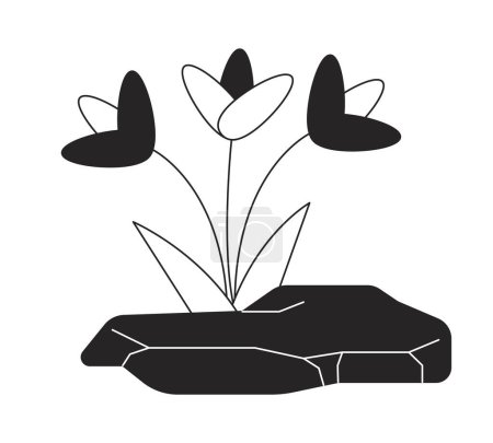 Flowers growing out rock black and white 2D line cartoon object. Blooming plants sprouting from stone isolated vector outline item. Wildflowers break through crack monochromatic flat spot illustration