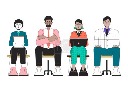 Diverse candidates job seeking line cartoon flat illustration. Diversity recruitment 2D lineart characters isolated on white background. Hiring applicants sitting chairs scene vector color image