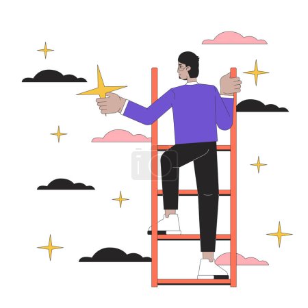 Reaching for star climbing ladder of success 2D linear illustration concept. Successful businessman arab cartoon character isolated on white. Goal achievement metaphor abstract flat vector outline
