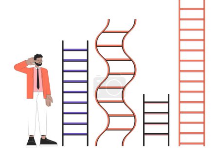 Ilustración de Diferentes escaleras de carrera Concepto de ilustración lineal 2D. Confundido hombre afroamericano compara dificultad personaje de dibujos animados aislado en blanco. Vías profesionales metáfora abstracta plano esquema vectorial - Imagen libre de derechos