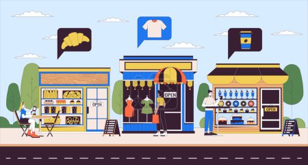 Illustration for Local small businesses 2D linear illustration concept. Coffee shop, clothes store and bakery on street cartoon scene background. Entrepreneur services metaphor abstract flat vector outline graphic - Royalty Free Image