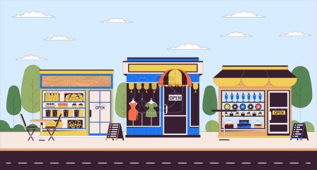 Illustration for Small businesses line cartoon flat illustration. Visit local shops. Various stores on street 2D lineart scenery background. Goods and services from entrepreneurs scene vector color image - Royalty Free Image