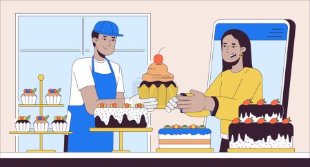 Illustration for Confectionery online orders line cartoon flat illustration. Female customer buying cakes in bakery 2D lineart scenery background. Small business digital service scene vector color image - Royalty Free Image