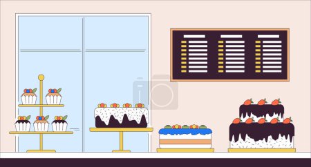 Confectionery small business line cartoon flat illustration. Buying and eating sweets. Cakes on bakery shop display 2D lineart scenery background. Handmade desserts store scene vector color image
