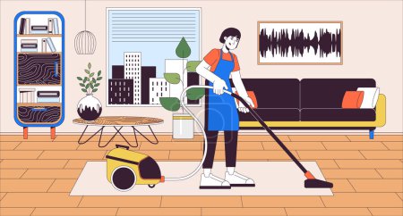 Cleaning services line cartoon flat illustration. Help with housekeeping. Commercial chores. Small business work 2D lineart scenery background. Living room hovering scene vector color image