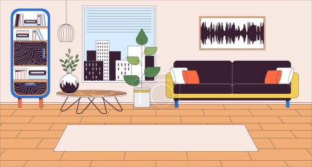 Illustration for Living room interior line cartoon flat illustration. Comfortable furnished home. Apartment with elegant furniture 2D lineart scenery background. Residential house scene vector color image - Royalty Free Image