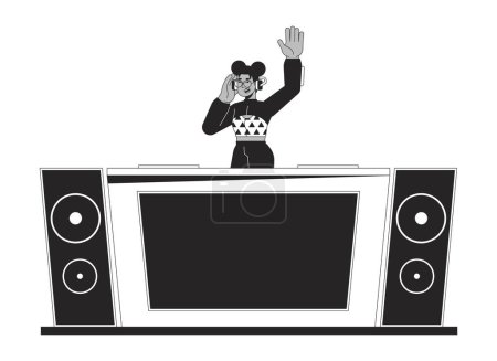 Illustration for African american dj at console black and white 2D line cartoon character. Female host of party. Black deejay isolated vector outline person. Nightclub music set monochromatic flat spot illustration - Royalty Free Image