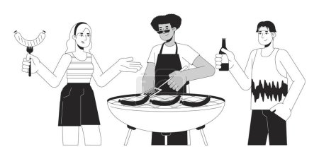 Téléchargez les illustrations : Amis cuisson barbecue noir et blanc personnages de bande dessinée ligne 2D. Voisins multiraciaux à bbq partie isolé vecteur contour personnes. Nourriture grillée lors d'un pique-nique illustration monochromatique - en licence libre de droit