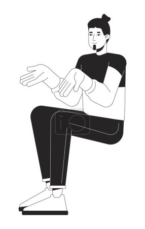 Ilustración de Joven hombre encogiéndose de hombros personaje de dibujos animados de línea 2D en blanco y negro. Descansa la postura. Hombre caucásico sentado aislado vector contorno persona. Tomando parte en la conversación chico monocromático plano punto ilustración - Imagen libre de derechos