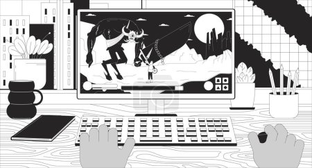 Ilustración de Usuario negro jugando juego de ordenador concepto de ilustración lineal 2D. Gamer derrotando al demonio jefe en el fondo de escena de dibujos animados RPG. Juegos de ordenador hobby metáfora abstracto plano vector contorno gráfico - Imagen libre de derechos
