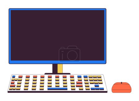 Illustration for Computer with empty monitor 2D linear cartoon object. Office pc workstation isolated line vector element white background. Business and entertainment device color flat spot illustration - Royalty Free Image