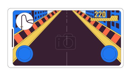 Illustration for Empty racing track on smartphone screen 2D linear cartoon object. Virtual driver control panel isolated line vector element white background. Mobile gaming app color flat spot illustration - Royalty Free Image