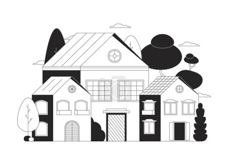 Vorstädtische Häuser schwarz und weiß 2D-Linie Cartoon-Objekt. Nachbarschaft Wohnbäume Häuser isoliert Vektor Umriss Element. Immobilien. Monochromatische Flachbild-Illustration der Vorortgemeinde