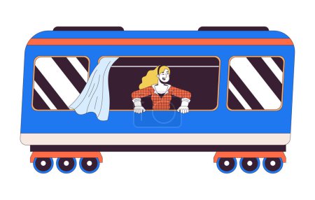 Excited woman from train window 2D linear cartoon character. Blonde caucasian female railway traveller isolated line vector person white background. Railroad passenger color flat spot illustration