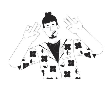 Caucásico hombre paz dedos blanco y negro 2D línea de personajes de dibujos animados. Viajero individual europeo individuo aislado vector contorno persona. Hombre turista vacacionista posando monocromático plano punto ilustración