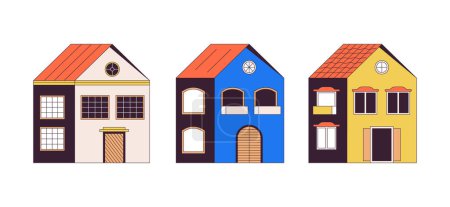 Ilustración de Tres casas contemporáneas 2D objetos de dibujos animados lineales conjunto. Viviendas residenciales aisladas línea vector elementos fondo blanco. Barrio edificios suburbanos color plano punto ilustración colección - Imagen libre de derechos