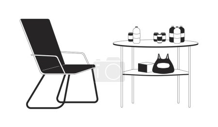 Illustration for Camping outdoor equipment black and white 2D line cartoon objects set. Camp furniture table isolated vector outline items collection. Bottles water, can soda monochromatic flat spot illustrations - Royalty Free Image