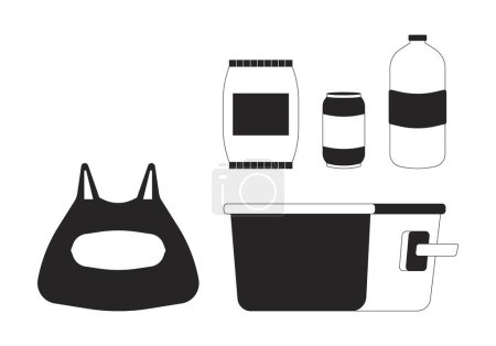 Picknick-Snacks Getränke schwarz und weiß 2D-Linie Cartoon-Objekte Set. Zelten Essen und Trinken isolierte Vektorumrisse Artikel Sammlung. Bierkühler, Plastiktüten monochromatische Flachbild-Illustrationen