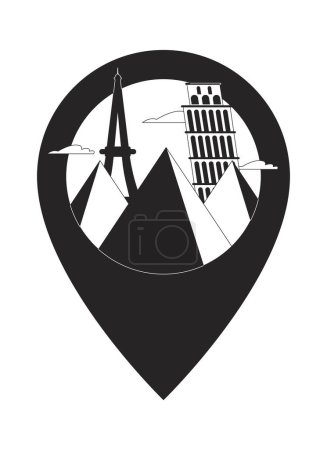 Famous monuments pin location black and white 2D line cartoon object. Mapping pinpoint historic landmarks isolated vector outline item. World attractions European monochromatic flat spot illustration