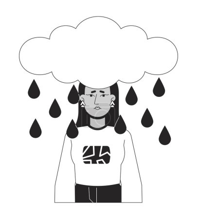 Regenwolken über dem Kopf einer Frau aus dem Mittleren Osten in schwarz-weißer 2D-Zeichentrickfigur. Traurige junge weibliche isolierte Vektorumrandung Person. Emotionaler Ausdruck Monochromatische Flachbild-Illustration