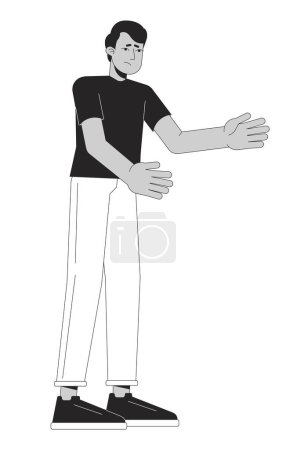 Homme indien compatissant bras hors noir et blanc personnage de bande dessinée ligne 2D. Homme empathique suggère câlin, consolation vectorielle isolée contour personne. Illustration de taches plates monochromes confort attentionné