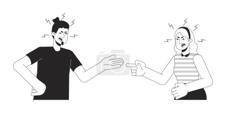 Häusliche Streitigkeiten kaukasischen Paar schwarz-weiß 2D-Linie Zeichentrickfiguren. Europäische Erwachsene isolieren Vektorumrisse von Menschen. Gestische Körpersprache, emotionale monochromatische Flachbild-Illustration