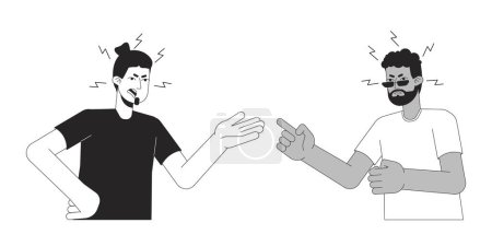 Adult men arguing scandal black and white 2D line cartoon characters. Conflict friends isolated vector outline people. Gesture body language, emotion expression monochromatic flat spot illustration