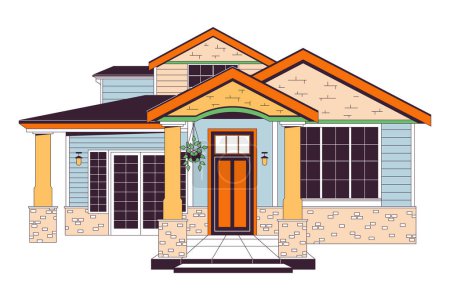Illustration for Cozy family home outside 2D linear cartoon object. Dwelling house. Housing estate. Living building isolated line vector element white background. Property exterior color flat spot illustration - Royalty Free Image