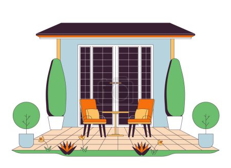 Illustration for House terrace furniture 2D linear cartoon object. Suburbs peaceful chairs. Housing estate. Living building isolated line vector element white background. Property exterior color flat spot illustration - Royalty Free Image