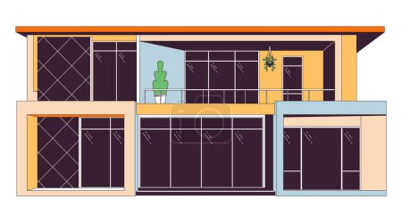 Illustration for Modern glass home 2D linear cartoon object. Architectural inspiration. Housing estate. Living building isolated line vector element white background. Property exterior color flat spot illustration - Royalty Free Image