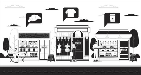 Local small businesses black and white 2D illustration concept. Coffee shop, clothes store and bakery on street cartoon scene background. Entrepreneur services outline scene vector image